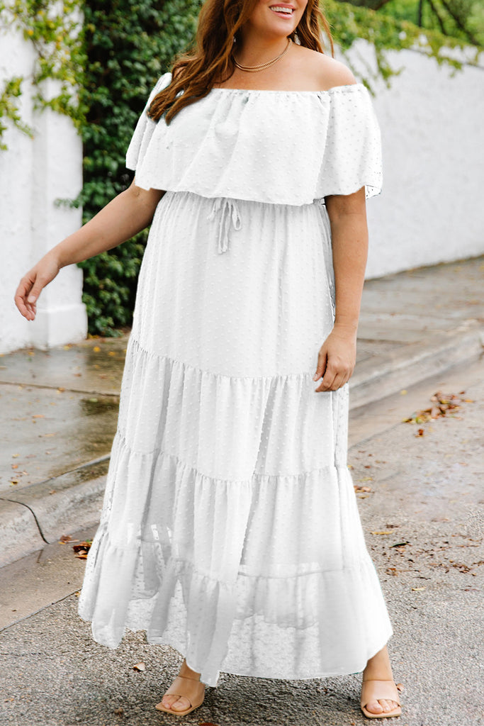 Plus Tiered Off Shoulder Maxi Dress in Solid Color TrendsGlow