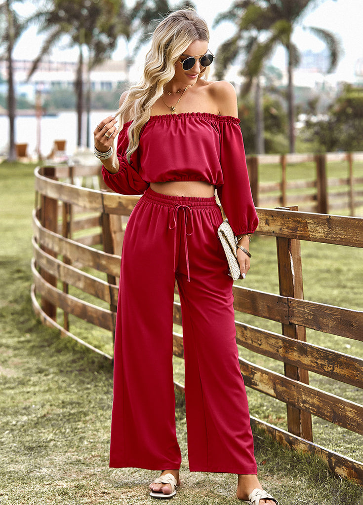 Chic Solid Two-Piece Pants Set with Off-Shoulder Frill