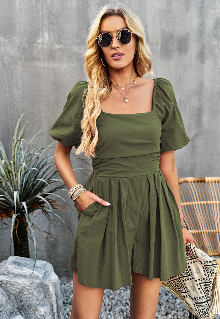 Chic Solid Romper with Pockets and Balloon Sleeves