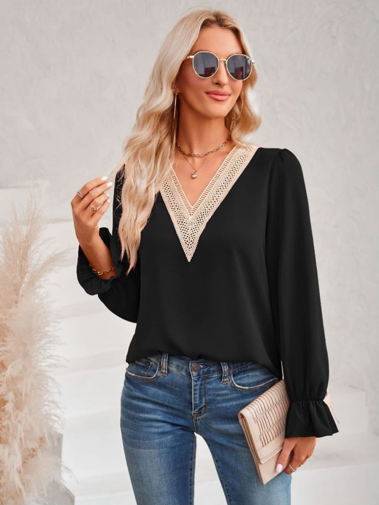 Romantic Contrast Lace Long Sleeve Top with Flounce Sleeves