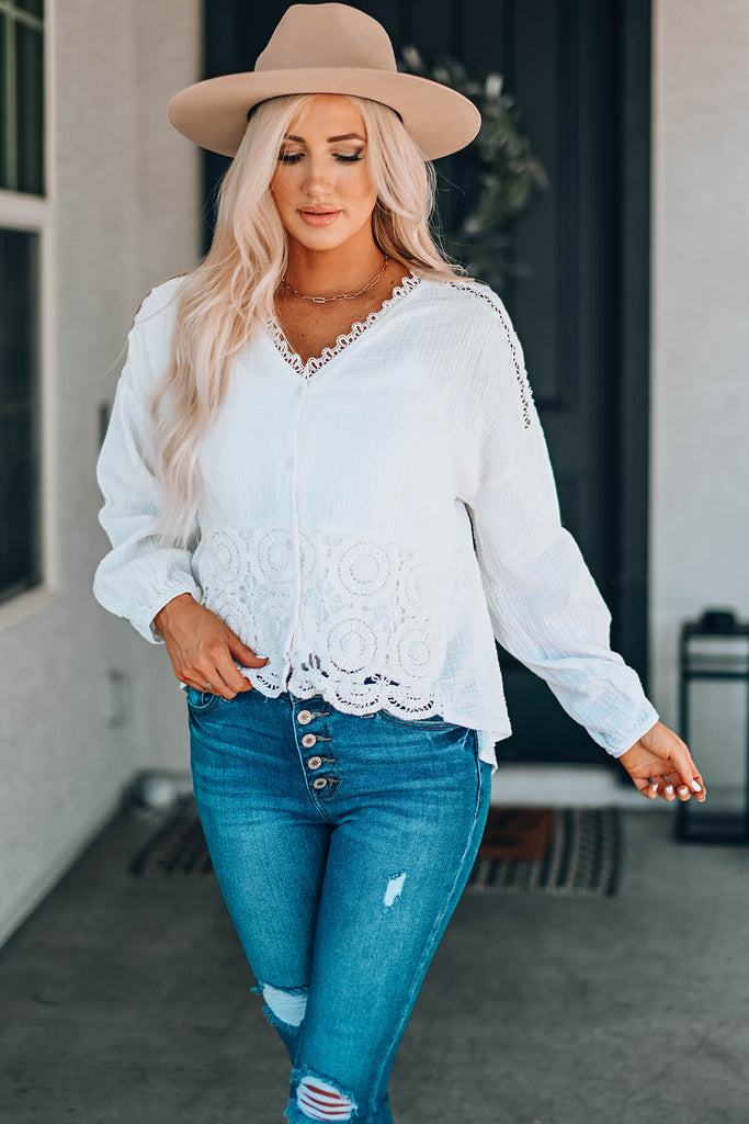 Classy Solid Long Sleeve Top with Lace Detail