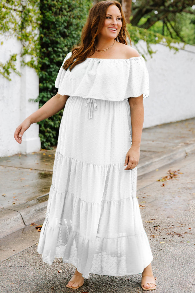 Plus Tiered Off Shoulder Maxi Dress in Solid Color