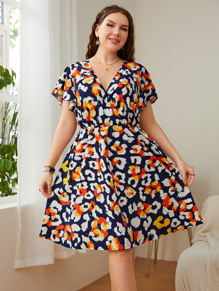 Plus Size Casual Printed Flutter Sleeve Surplice Dress