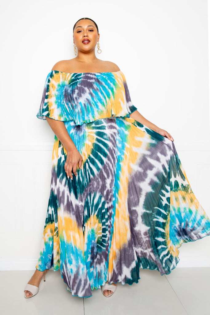 plus size tie dye maxi dress Tie Dye Off Shoulder Pleated Maxi Dress