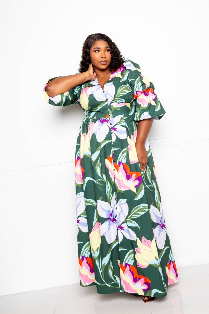 Plus Floral Puff Sleeve Button Front Maxi Dress