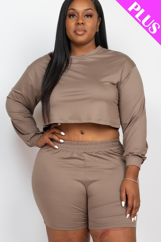 Plus Long Sleeve Crop Top And Shorts Set