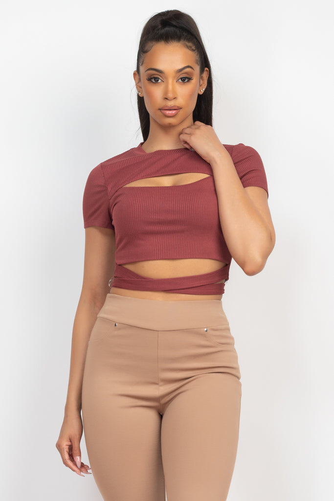 Rib-Knit Tie-Back Front Cutout Crop Top
