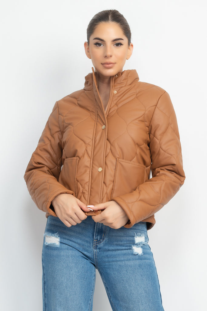 Quilted Button Front Mock Neck Jacket