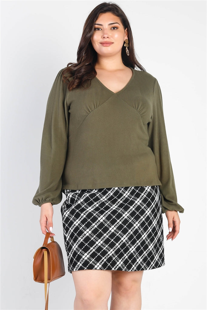 Plus Solid Flannel V Neck Long Sleeve Top