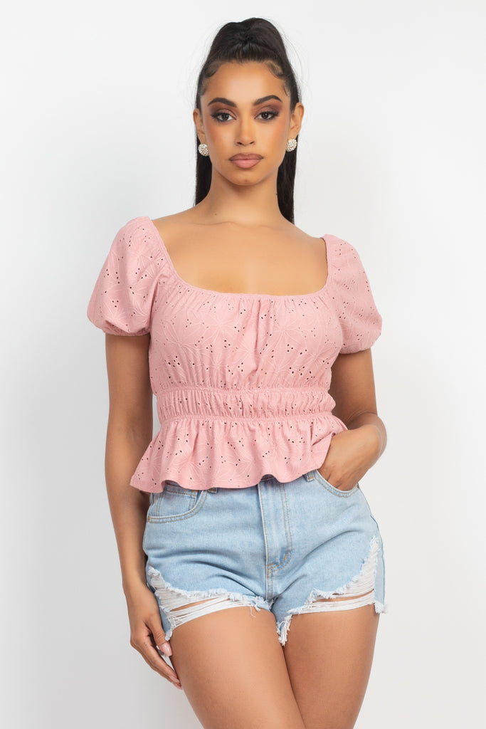 Solid Puff Sleeve Square Neck Peplum Top