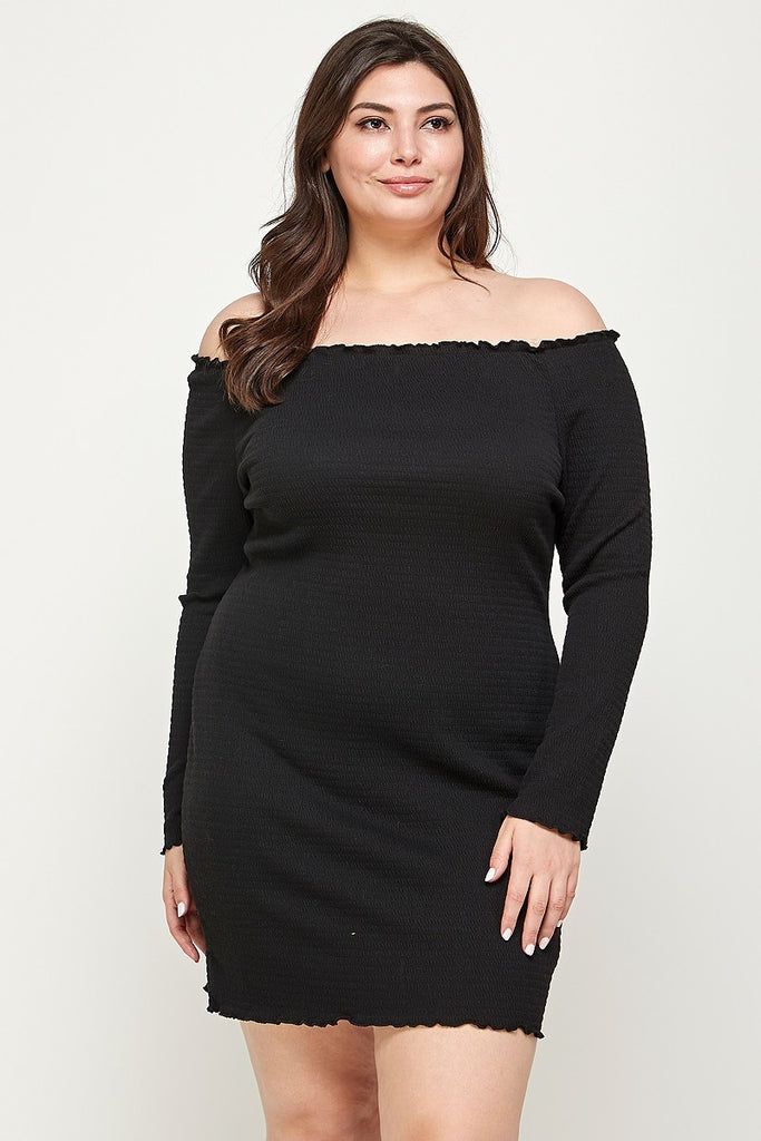 Plus Solid Off Shoulder Long Sleeve Dress – TrendsGlow