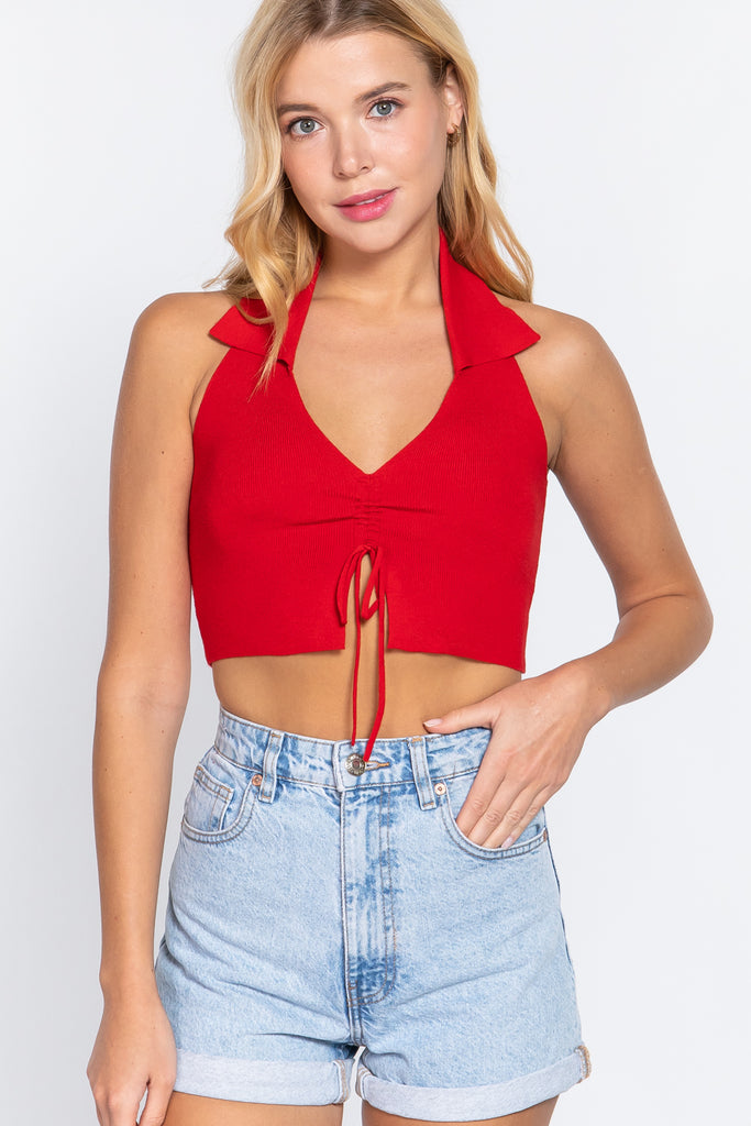 Solid Halter Neck Ruched Cropped Sweater Knit Top