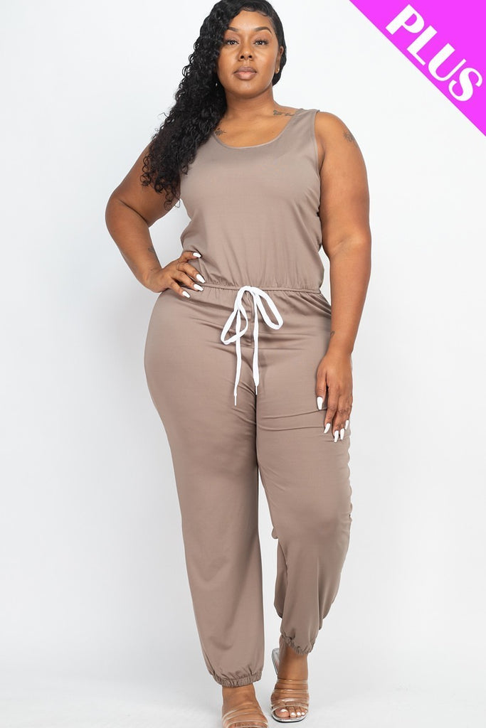 Comfy Plus-Size Jogger Jumpsuit with Elastic Waist and Ribbon Bow