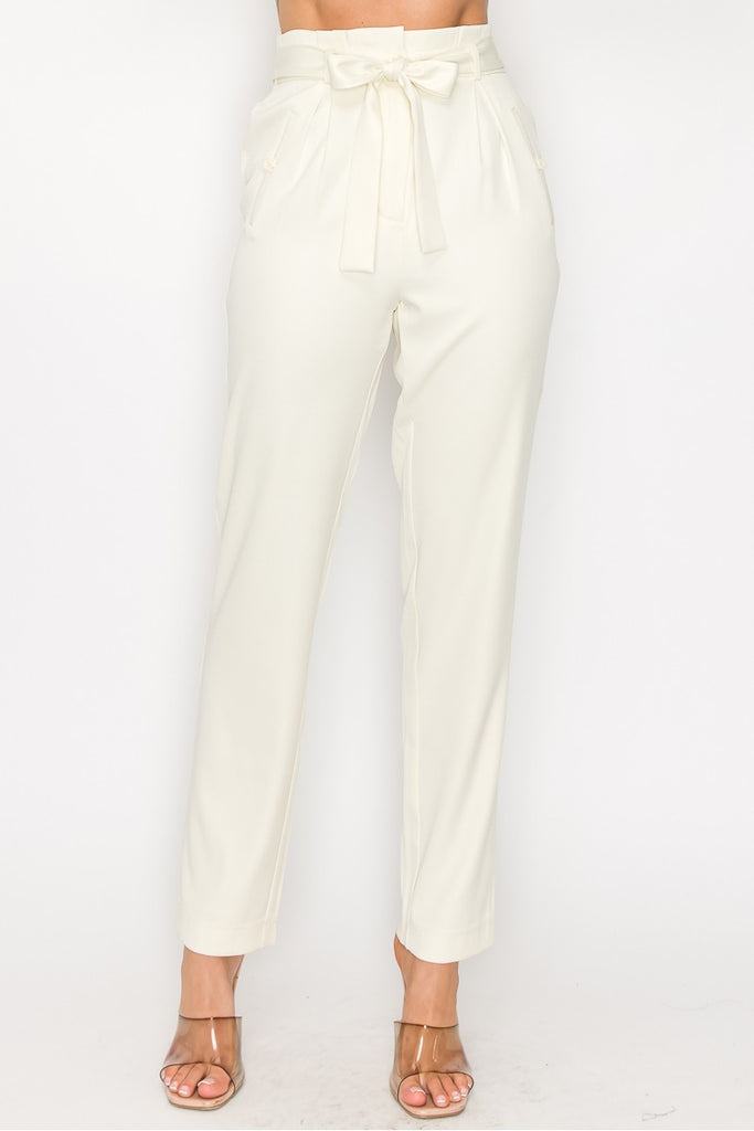 Solid High-Rise Paperbag Waist Pants with Detachable Belt