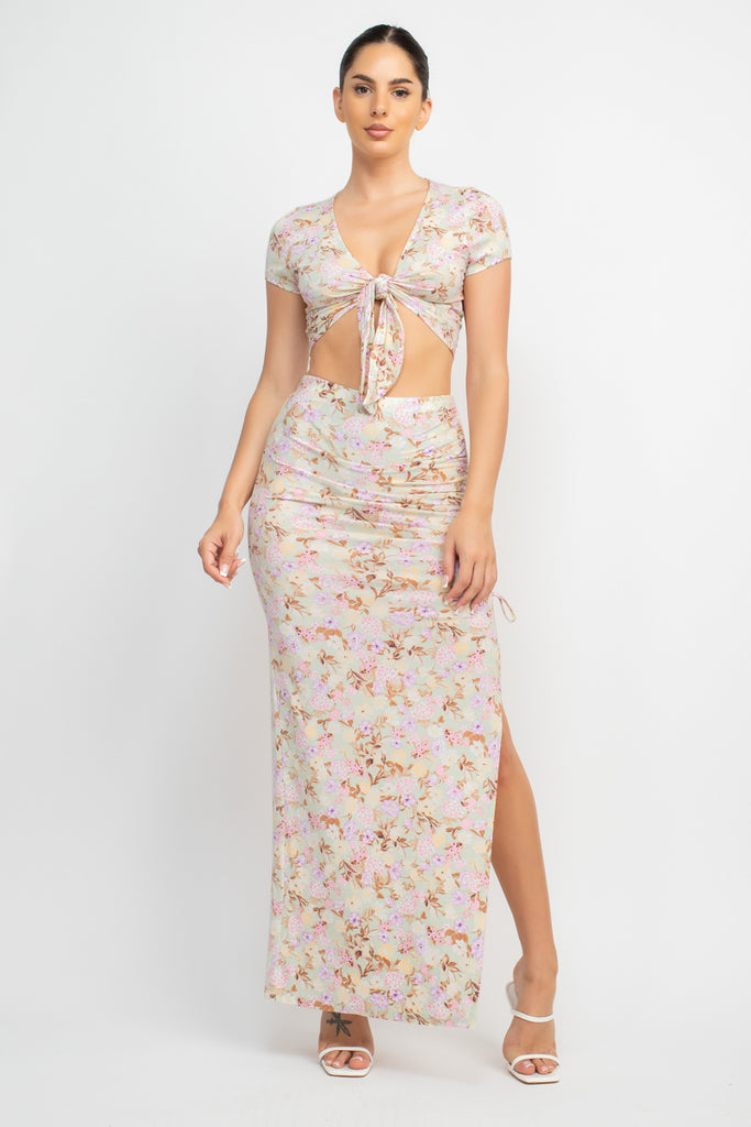 Floral Print Knot Front Crop Top and Maxi Skirt Set