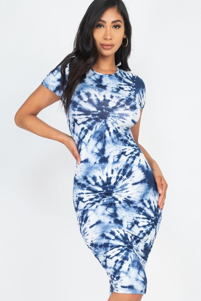 Trendy Tie-Dye Printed Dress with Ruched Side Detail