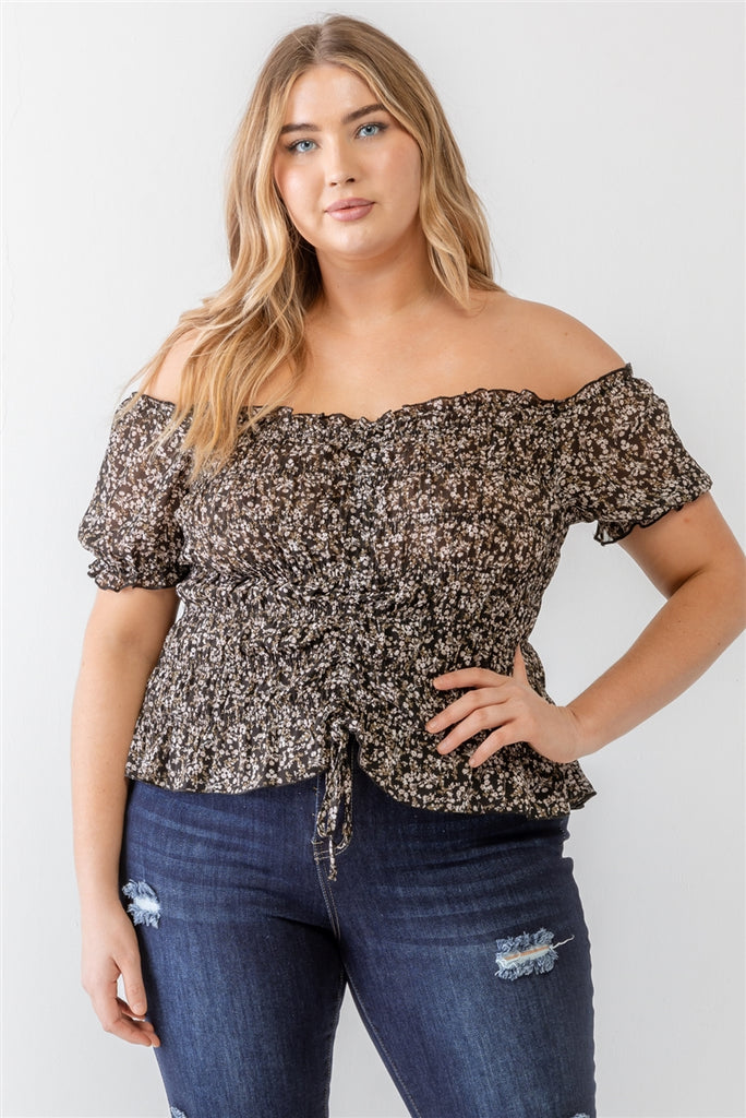 Plus Printed Ruffle Smocked Off-the-Shoulder Top