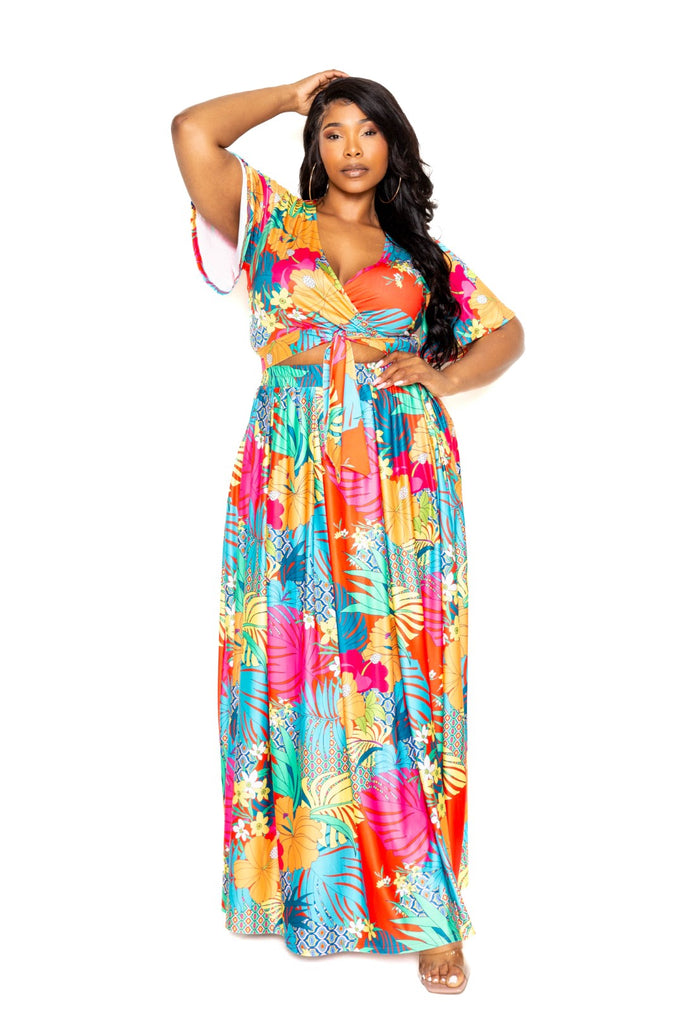 Plus Floral Print Tie Top and Maxi Skirt Set