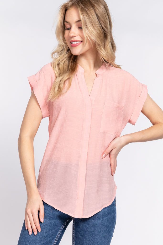 Stylish Dolman Sleeve Woven Top with Front Pocket