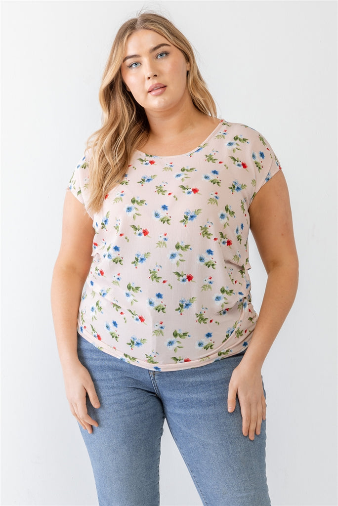 Plus Size Floral Print Woven Top with Cup Sleeves