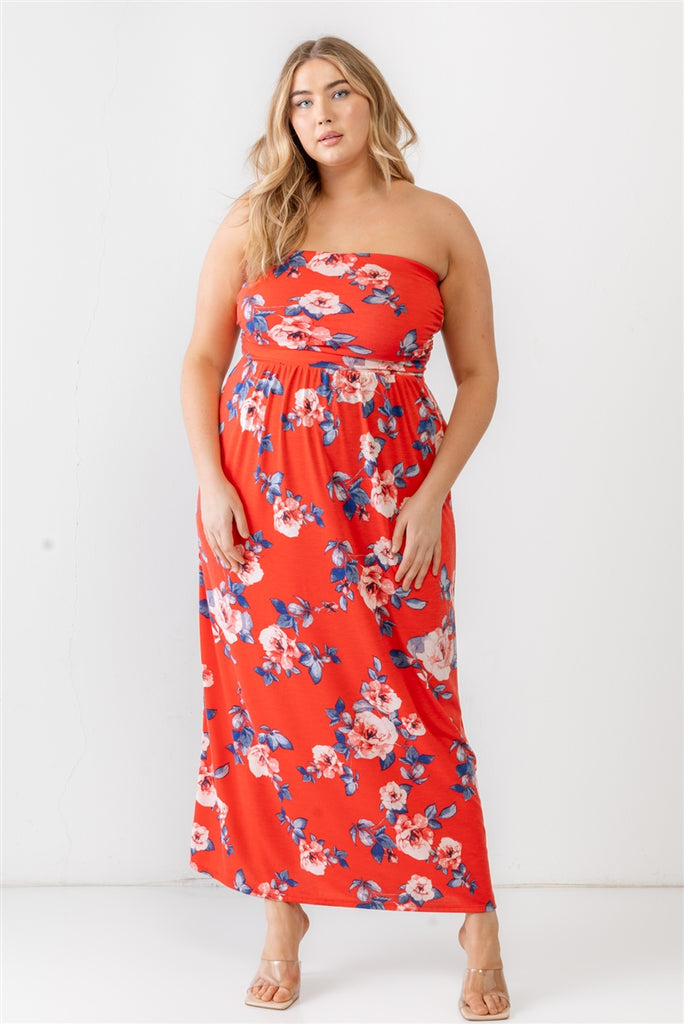 Plus Size Floral Print Ruched Strapless Dress
