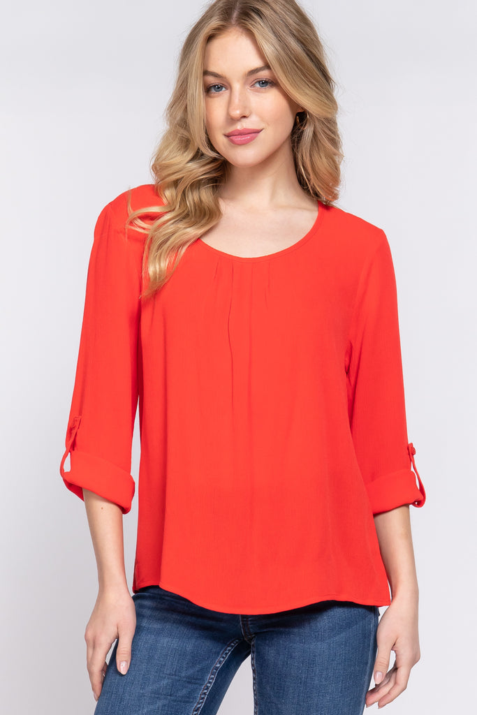 Pleated Detail Round Neck Woven Top