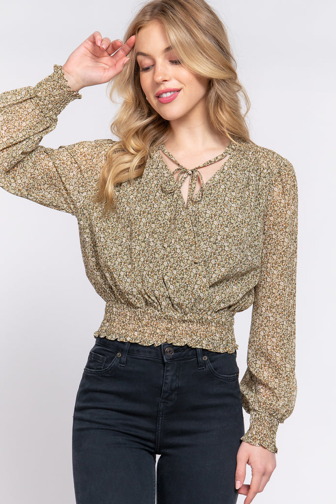 Floral Print Chiffon Top with Tie Detail and Smocked Waist