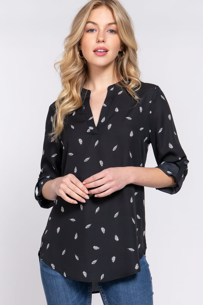 Printed V-Neck Top with Roll-Up Sleeves