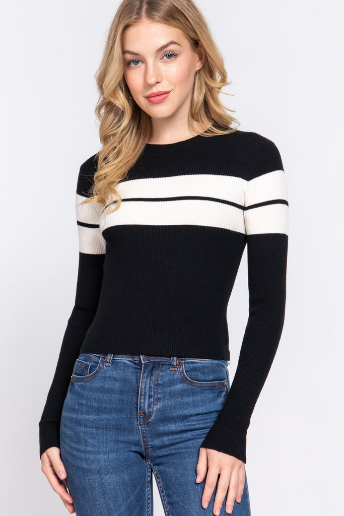 Ribbed Long Sleeve Mock Neck Striped Sweater