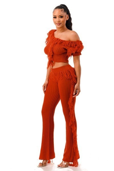 Chic Cable Knit Short Sleeve Fringe Crop Top and Pants Set