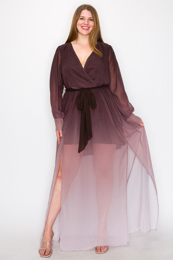 plus size ombre maxi dress Curves in Color: Plus Size Ombre Chiffon Maxi Dress with Slit Front –  TrendsGlow