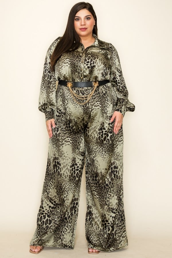 Curves in Vogue: Plus Size Satin Leopard Print Jumpsuit