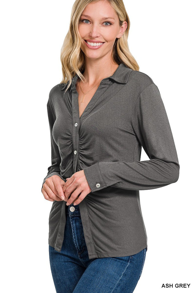 Long Sleeve Button Down Top with Ruched Detail