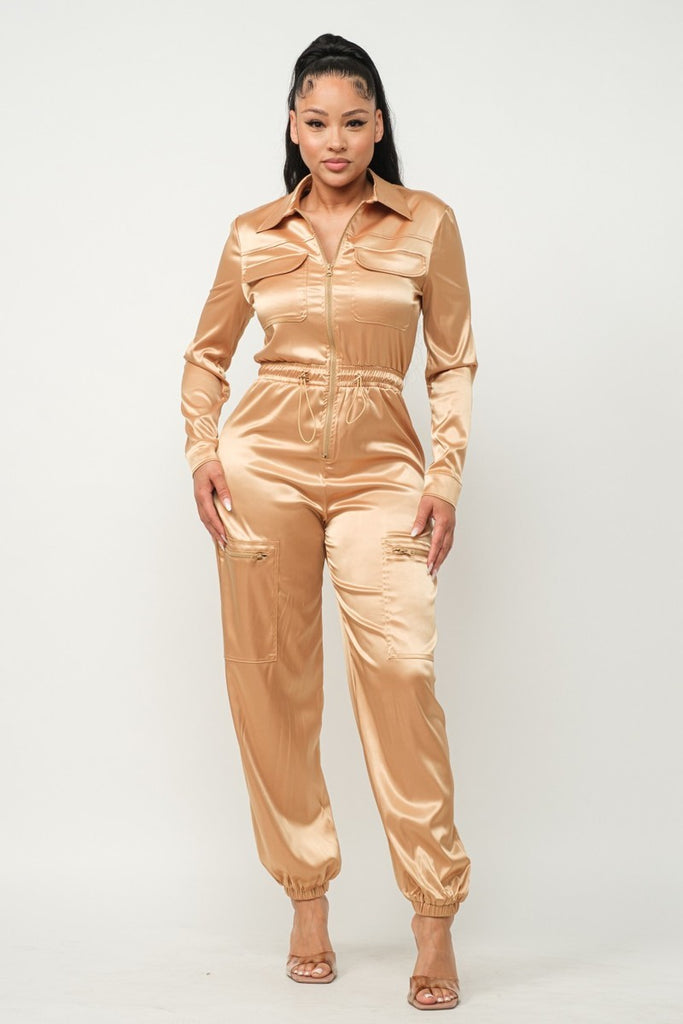Glamour Redefined: Long Sleeve Front Zipper Detail Jumpsuit