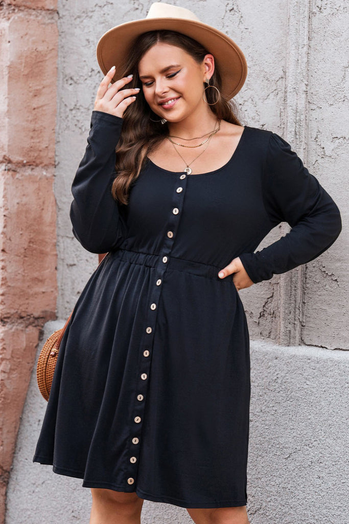 Plus Button Front Round Neck Long Sleeve Dress