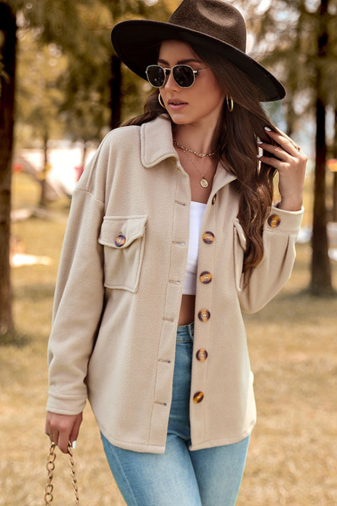 Solid Collared Button-Up Shirt Jacket